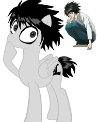 Size: 1080x1350 | Tagged: safe, artist:ponyrefaa, imported from derpibooru, pegasus, pony, clothes, death note, duo, male, ponified, raised hoof, simple background, stallion, white background