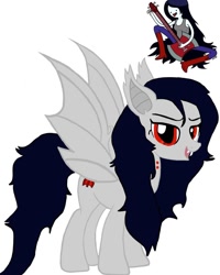 Size: 1080x1350 | Tagged: safe, artist:ponyrefaa, imported from derpibooru, bat pony, pony, adventure time, bat ponified, bat wings, clothes, duo, fangs, female, guitar, marceline, mare, musical instrument, ponified, race swap, simple background, white background, wings