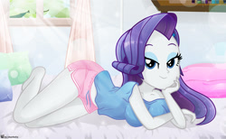 Size: 962x592 | Tagged: safe, artist:charliexe, imported from derpibooru, rarity, equestria girls, adorasexy, beautiful, beautisexy, bed, bedroom eyes, breasts, clothes, crepuscular rays, cute, female, looking at you, lovely, lying down, lying on bed, on bed, pajamas, raribetes, sexy, smiling, solo, sunlight