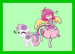 Size: 2600x1876 | Tagged: safe, artist:chelseawest, imported from derpibooru, sweetie belle, floral head wreath, flower, harpy (puyo puyo), music notes, puyo puyo, singing, winged human, wings