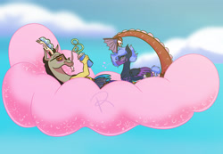 Size: 3250x2250 | Tagged: safe, alternate version, artist:squirtlesuniverse, imported from derpibooru, discord, oc, oc:moon drop, draconequus, pegasus, bendy straw, cloud, drinking straw, duo, female, high res, male, mare, on a cloud, outdoors, pegasus oc, relaxing, sunglasses, wings