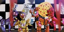 Size: 1300x650 | Tagged: safe, artist:squirtlesuniverse, imported from derpibooru, pony, robot, robot pony, unicorn, animatronic, blood, bonnie, bonnie (fnaf), bowtie, chica, crossover, five nights at freddy's, food, foxy, freddy fazbear, glowing horn, horn, indoors, magic, pizza, ponified, smiling, telekinesis