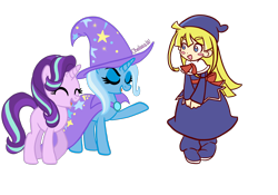 Size: 2400x1676 | Tagged: safe, artist:chelseawest, imported from derpibooru, starlight glimmer, trixie, pony, unicorn, ^^, blush sticker, blushing, crossover, eyes closed, female, mare, puyo puyo, simple background, transparent background, witch (puyo puyo)