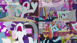 Size: 1280x720 | Tagged: safe, edit, edited screencap, editor:quoterific, imported from derpibooru, screencap, rarity, sassy saddles, sweetie belle, pony, unicorn, forever filly, crying, female, magic, mare, marshmelodrama, nose in the air, open mouth, rarity being rarity, sad, telekinesis, volumetric mouth