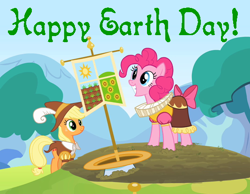 Size: 534x414 | Tagged: safe, imported from derpibooru, applejack, pinkie pie, earth pony, pony, earth day, female, flag, hearth's warming eve, mare, my little pony