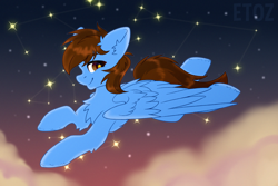 Size: 3000x2000 | Tagged: safe, artist:etoz, imported from derpibooru, oc, oc only, oc:pegasusgamer, oc:sky gamer, pegasus, pony, cloud, commission, happy, high res, in the sky, male, pegasus oc, sky, smiling, solo, stallion, starry eyes, stars, wingding eyes, wings, ych result