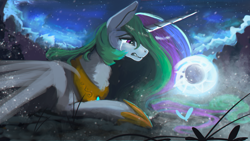 Size: 1920x1080 | Tagged: safe, artist:hierozaki, imported from derpibooru, princess celestia, alicorn, pony, crying, element of magic, female, mare, redraw, solo