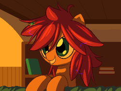 Size: 800x600 | Tagged: safe, artist:rangelost, imported from derpibooru, oc, oc only, oc:trailblazer, earth pony, pony, cyoa:d20 pony, bed, book, bookshelf, female, indoors, mare, pixel art, smiling, static electricity