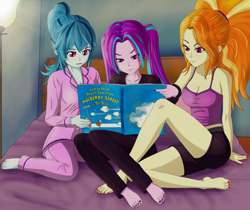 Size: 1400x1177 | Tagged: safe, artist:kuya64, imported from derpibooru, adagio dazzle, aria blaze, sonata dusk, human, equestria girls, bare shoulders, barefoot, bed, blushing, book, breasts, cleavage, clothes, dr. seuss, feet, nail polish, pajamas, pigtails, ponytail, reading, shorts, sleeveless, tanktop, the dazzlings, toenail polish, twintails, varying degrees of amusement, varying degrees of want