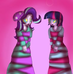 Size: 763x768 | Tagged: safe, artist:artsymlp12, imported from derpibooru, starlight glimmer, twilight sparkle, alicorn, human, equestria girls, brainwashing, clothes, daze, daze starlight, daze twilight, dress, humanized, hypnosis, hypnotized, kaa eyes, long dress, swirly eyes, twilight sparkle (alicorn)