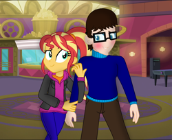 Size: 2676x2183 | Tagged: safe, artist:brandonthebronypony, imported from derpibooru, sunset shimmer, oc, oc:brandon, human, equestria girls, equestria girls series, canon x oc, clothes, cute, date, glasses, high res, hoodie, jacket, jeans, leather jacket, lucky bastard, movies, ocxcanon, on a date, pants, ponytail, self insert, shimmerbetes, sunset, sweater, turtleneck, turtleneck sweater