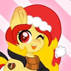 Size: 1250x1250 | Tagged: safe, artist:ninnydraws, imported from derpibooru, oc, oc only, oc:chocolate sweets, pony, belgium, christmas, clothes, happy, hat, holiday, multicolored mane, nation ponies, one eye closed, open mouth, ponified, red eyes, red nosed, santa hat, scarf, simple background, smiling, solo, wink, yellow coat