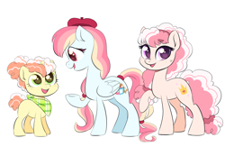 Size: 5846x3800 | Tagged: safe, artist:auroramint, imported from derpibooru, oc, oc:cotton crowns, oc:spring bloom, oc:sweet berry, earth pony, pegasus, pony, unicorn, cute