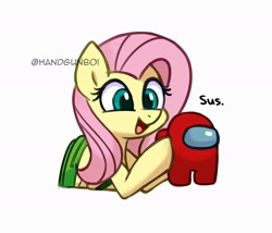 Size: 1750x1500 | Tagged: safe, artist:handgunboi, imported from derpibooru, fluttershy, pegasus, pony, amogus, among us, backpack, bag, female, meme, open mouth, solo, sus (among us), suspicious