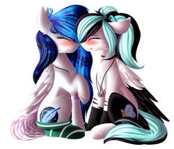 Size: 2646x2267 | Tagged: safe, artist:mediasmile666, imported from derpibooru, oc, oc only, pegasus, pony, blushing, clothes, duo, eyes closed, female, high res, jewelry, mare, pendant, raised hoof, simple background, sitting, socks, striped socks, transparent background, two toned wings, wings