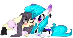 Size: 3000x1556 | Tagged: safe, artist:mediasmile666, imported from derpibooru, oc, oc only, earth pony, pegasus, pony, :p, bandage, blushing, duo, ear piercing, earring, female, glasses, jewelry, mare, piercing, simple background, tongue out, transparent background, two toned wings, wings