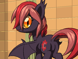 Size: 800x600 | Tagged: safe, artist:rangelost, imported from derpibooru, oc, oc only, oc:moonflower, bat pony, pony, cyoa:d20 pony, bat pony oc, bat wings, bathroom, butt, dock, female, looking at you, looking back, looking back at you, mare, pixel art, plot, rear view, solo, spread wings, tongue out, wings