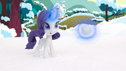 Size: 1920x1080 | Tagged: safe, artist:panhead537, imported from derpibooru, screencap, rarity, pony, unicorn, my little pony: stop motion short, snow pony contest (short), snowball fight (short), :o, female, g4.5, glowing horn, horn, magic, magic aura, open mouth, pony life, shocked, snow, snowball, solo, stop motion