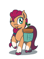 Size: 1350x1800 | Tagged: safe, artist:flutterluv, imported from derpibooru, sunny starscout, earth pony, pony, bag, cute, earth(pony) day, female, g5, mare, one eye closed, plant, potted plant, saddle bag, simple background, solo, sunnybetes, tongue out, transparent background, wink