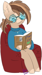 Size: 1065x1893 | Tagged: safe, artist:pasteldraws, imported from derpibooru, earth pony, pony, book, clothes, glasses, redesign, simple background, sitting, solo, sweater, transparent background