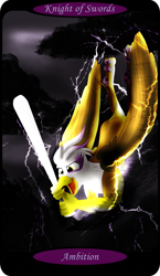 Size: 1500x2591 | Tagged: safe, artist:sixes&sevens, imported from derpibooru, part of a set, gilda, griffon, baseball bat, cloud, electricity, female, flying, grin, knight of swords, lightning, minor arcana, smiling, solo, storm, tarot card