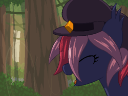 Size: 800x600 | Tagged: safe, artist:rangelost, imported from derpibooru, oc, oc only, oc:moonflower, bat pony, pony, cyoa:d20 pony, bat pony oc, bat wings, bust, cap, eyes closed, female, forest, hat, mare, outdoors, pixel art, profile, solo, tree, wings