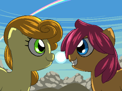 Size: 800x600 | Tagged: safe, artist:rangelost, imported from derpibooru, carrot top, golden harvest, oc, oc:trailblazer, earth pony, pony, cyoa:d20 pony, backlighting, bust, cloud, duo, female, hill, looking at each other, mare, pixel art, rainbow, sky, smiling, sun