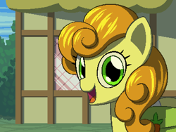 Size: 800x600 | Tagged: safe, artist:rangelost, imported from derpibooru, carrot top, golden harvest, earth pony, pony, cyoa:d20 pony, bag, bust, female, house, looking at you, mare, open mouth, outdoors, pixel art, ponyville, saddle bag, smiling, solo, talking to viewer