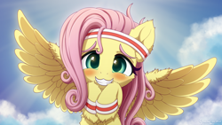 Size: 3200x1800 | Tagged: safe, artist:symbianl, imported from derpibooru, fluttershy, pegasus, pony, hurricane fluttershy, blushing, cute, daaaaaaaaaaaw, ear fluff, female, grin, headband, high res, hoof fluff, looking at you, mare, scene interpretation, shyabetes, smiling, solo, spread wings, sweatband, symbianl is trying to murder us, weapons-grade cute, wing fluff, wings, wristband