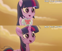 Size: 3725x3120 | Tagged: safe, artist:aryatheeditor, imported from derpibooru, screencap, twilight sparkle, alicorn, pony, equestria girls, my little pony: the movie, bowtie, clothes, comparison, cute, desert, digital art, equestria girls interpretation, excited, female, high res, human and pony, magical geodes, mare, movie, movie accurate, movie reference, open mouth, outfit, ponied up, pony ears, scene interpretation, screencap reference, shirt, twiabetes, twilight sparkle (alicorn), wings