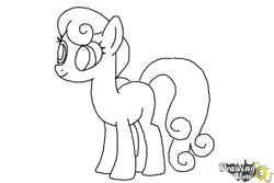 Size: 600x400 | Tagged: safe, imported from derpibooru, bon bon, sweetie drops, earth pony, pony, background pony, black and white, coloring page, drawingnow.com, female, grayscale, logo, mare, monochrome, my little pony, simple background, smiling, white background