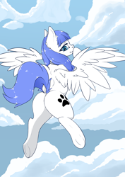 Size: 3508x4961 | Tagged: safe, alternate version, artist:wbp, imported from derpibooru, oc, oc only, oc:snow pup, pegasus, pony, butt, cloud, collar, commission, female, frog (hoof), looking back, mare, paw prints, pegasus oc, plot, raised tail, simple background, solo, spread wings, tail, underhoof, wings