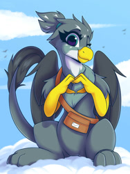 Size: 1500x2000 | Tagged: safe, artist:shadowreindeer, imported from derpibooru, gabby, griffon, accessory, chest fluff, cloud, cute, female, fluffy, gabbybetes, heart hands, looking at you, mailbag, one eye closed, sitting, wink, winking at you