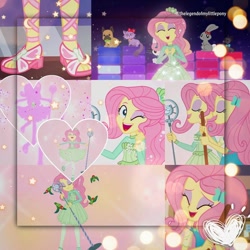 Size: 1080x1080 | Tagged: safe, edit, edited screencap, editor:thelegendofmylittlepony, imported from derpibooru, screencap, angel bunny, fluttershy, bird, cat, dog, rabbit, equestria girls, equestria girls series, so much more to me, animal, broom, clothes, cute, cutie mark, cutie mark on clothes, female, geode of fauna, hairpin, jewelry, magical geodes, male, microphone, microphone stand, necklace, one eye closed, open mouth, sandals, shyabetes, singing, smiling, wink