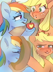 Size: 3000x4096 | Tagged: safe, artist:kencee6, imported from derpibooru, applejack, rainbow dash, earth pony, pegasus, pony, 2 panel comic, apple, appledash, bite mark, bitten apple, blushing, comic, covering face, duo, female, food, hat, hat over eyes, heart, heart shaped, lesbian, lesbian applejack, lesbian dash, looking at each other, shipping, smiling, tsundere