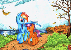 Size: 6952x4912 | Tagged: safe, artist:yellowrobin, imported from derpibooru, rainbow dash, scootaloo, pegasus, pony, absurd file size, absurd resolution, duo, female, filly, grass, leaf, mare, rain, rock, scootalove, traditional art, tree, wing umbrella, wings