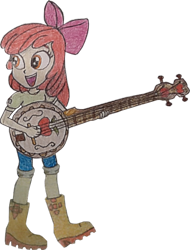 Size: 1139x1500 | Tagged: safe, artist:jebens1, artist:therandomone95, imported from derpibooru, apple bloom, equestria girls, apple bloom's bow, banjo, boots, bow, clothes, cropped, hair bow, jeans, musical instrument, pants, shirt, shoes, smiling