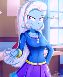 Size: 1784x2163 | Tagged: safe, artist:the-butch-x, imported from derpibooru, trixie, equestria girls, breasts, bulletin board, busty trixie, clothes, grin, palindrome get, school desk, skirt, smiling, smug, solo, standing, sweater, window