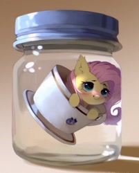 Size: 977x1213 | Tagged: safe, artist:astralblues, imported from derpibooru, fluttershy, pegasus, pony, astralblues is trying to kill us, blushing, bottle, bottleshy, cheek fluff, cup, cup of pony, cute, dangerously cute, ear fluff, female, floating, gradient background, leaning, mare, micro, pony in a bottle, shy, shyabetes, simple background, smiling, solo, teacup