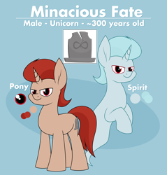 Size: 2220x2323 | Tagged: safe, artist:moonatik, imported from derpibooru, oc, oc only, oc:minacious fate, ghost, ghost pony, pony, undead, unicorn, cutie mark, high res, horn, reference sheet, semi-grimdark in the description, text, unicorn oc