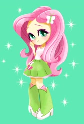 Size: 1381x2048 | Tagged: safe, artist:binco_293, imported from derpibooru, fluttershy, equestria girls, beautiful, blushing, chibi, cute, daaaaaaaaaaaw, female, green background, green eyes, human coloration, pink hair, shyabetes, simple background, solo, sparkles, woman, yellow skin