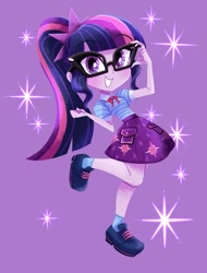 Size: 1557x2048 | Tagged: safe, artist:binco_293, imported from derpibooru, sci-twi, twilight sparkle, equestria girls, equestria girls series, beautiful, chibi, cute, female, human coloration, looking at you, purple background, purple eyes, purple hair, purple skin, simple background, smiling, solo, sparkles, twiabetes, woman