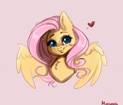 Size: 3015x2560 | Tagged: safe, artist:miokomata, imported from derpibooru, fluttershy, pegasus, pony, blushing, bust, chest fluff, cute, daaaaaaaaaaaw, ear fluff, female, floating heart, freckles, freckleshy, heart, high res, mare, portrait, shyabetes, solo, spread wings, wings