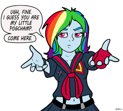 Size: 1331x1200 | Tagged: safe, artist:pretty-pretty-star, edit, imported from derpibooru, rainbow dash, equestria girls, anime, belly button, clothes, cosplay, costume, female, fingerless gloves, gloves, kill la kill, meme, my little pogchamp, pogchamp, reaching, reaching out, senketsu, signature, simple background, skirt, solo, speech bubble, transparent background