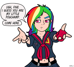Size: 1331x1200 | Tagged: safe, artist:pretty-pretty-star, color edit, edit, imported from derpibooru, rainbow dash, equestria girls, anime, belly button, clothes, colored, cosplay, costume, female, fingerless gloves, gloves, human coloration, kill la kill, light skin edit, meme, my little pogchamp, pogchamp, reaching, reaching out, senketsu, signature, simple background, skin color edit, skirt, solo, speech bubble, tomboy, transparent background