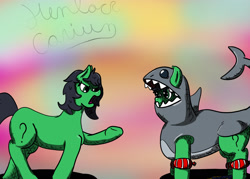 Size: 2100x1500 | Tagged: safe, artist:hemlock conium, imported from derpibooru, oc, oc:anon, oc:filly anon, earth pony, colored, digital art, duo, female, filly, shark swimsuit, simple background