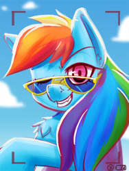Size: 904x1199 | Tagged: safe, artist:ikarooz, imported from derpibooru, rainbow dash, pegasus, pony, bust, camera shot, chest fluff, cloud, ear fluff, female, looking at you, mare, one eye closed, sky, smiling, solo, sunglasses, wink