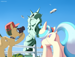 Size: 3488x2664 | Tagged: safe, artist:vinilyart, imported from derpibooru, coco pommel, earth pony, pegasus, pony, airship, butt, camera, cap, dock, duo focus, female, hat, hatbutt, high res, hoof hold, mare, plot, statue, statue of liberty, zeppelin