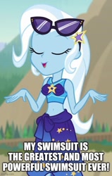 Size: 500x788 | Tagged: safe, edit, edited screencap, imported from derpibooru, screencap, trixie, equestria girls, equestria girls series, forgotten friendship, caption, clothes, image macro, imgflip, sarong, sunglasses, swimsuit, text