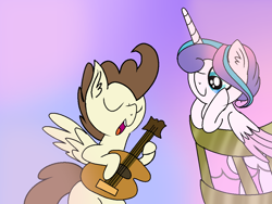 Size: 1024x768 | Tagged: safe, artist:clitterpawristic, imported from derpibooru, pound cake, princess flurry heart, alicorn, pegasus, pony, female, guitar, male, musical instrument, older, older flurry heart, older pound cake, poundflurry, shipping, singing, straight